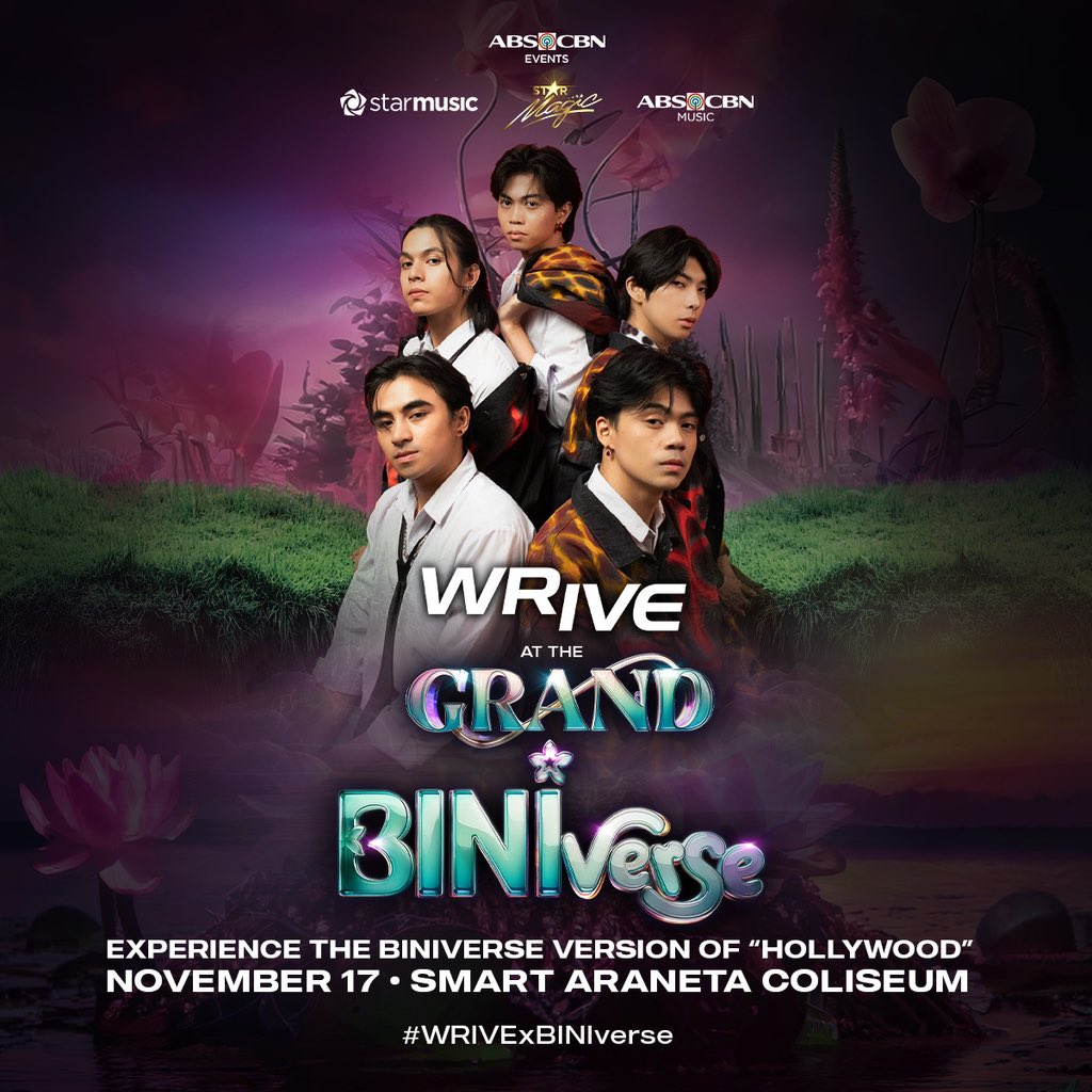 #WRIVE: Experience the Biniverse version of our pre-debut single “Hollywood” at the #GrandBINIverse this November 17 at the Smart Araneta Coliseum. 🖤

We will make sure you're all hyped up and energized before we start the grandest show of our Nation's Girl Group! 🌸

Get a