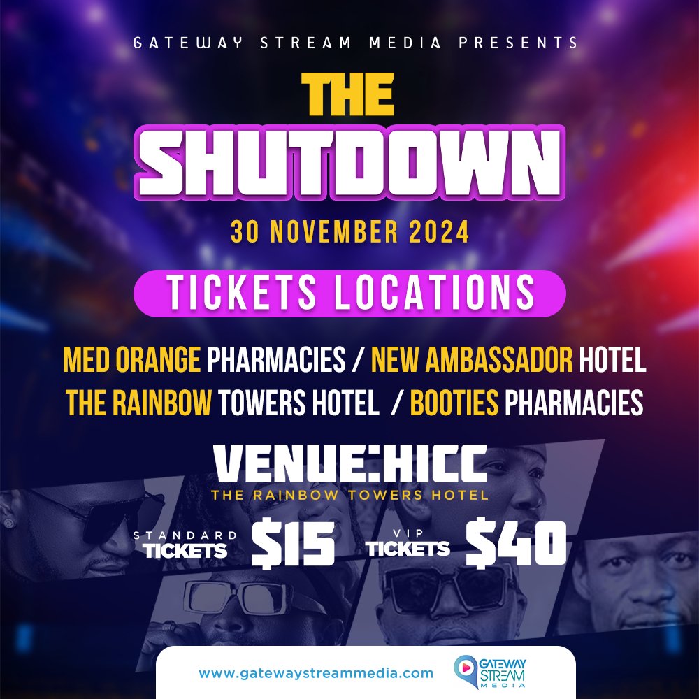 Wozaaa Weekend! Have you secured your ticket(s)? Don't miss out on The Shutdown! Get your tickets now at the locations above or online on shorturl.at/056TO.

#TheShutdownZW #LiveMusic #GatewayStream