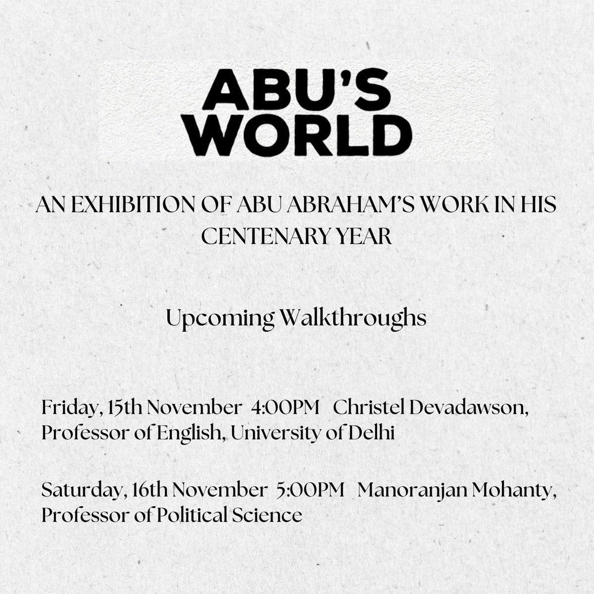 abusworld100's tweet photo. Join us for a walk through Abu’s World with Prof. Christel R. Devadawson, Prof. of English, Uni. of Delhi and author of Out of Line: Cartoons, Caricature and Contemporary India (2014).

4pm, 15th of November, 2024
Art Gallery, Kamaladevi Complex
India International Centre, Delhi https://t.co/SdLLCauikJ