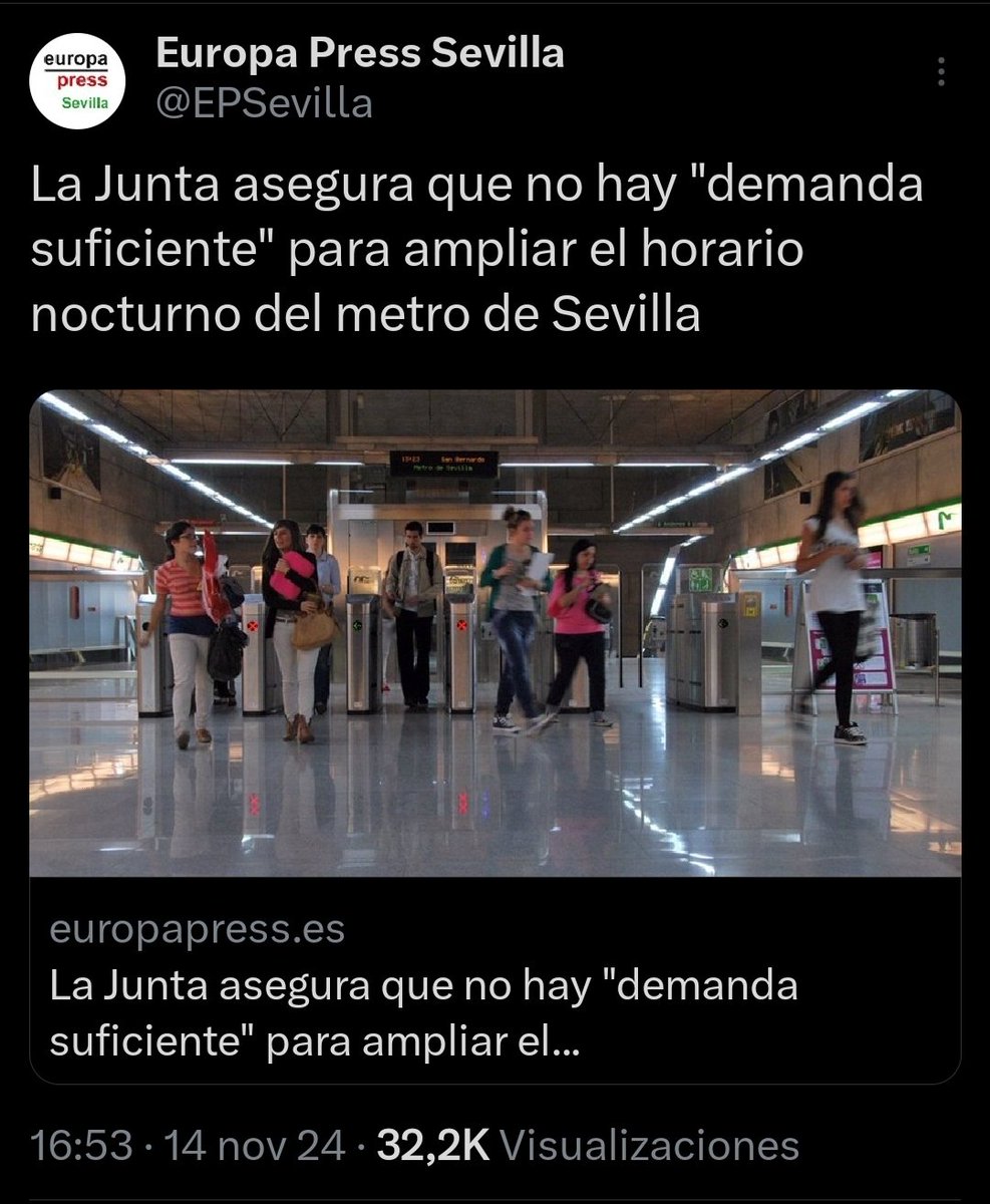 EnriquedeAlava's tweet photo. Me gustaría saber en qué datos se han basado @Rocio_DiazJ @FomentoAND para decir que no hay demanda suficiente como para ampliar el horario nocturno del @_metrodesevilla.

¡Muchas gracias! https://t.co/PZ4i635iyg