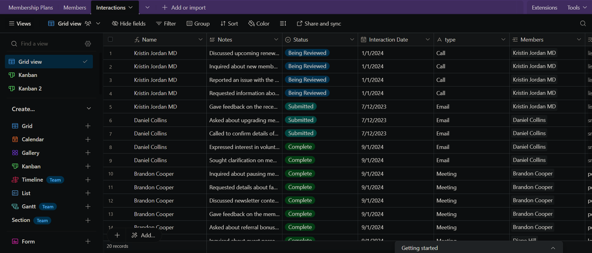 AshishGaikwad06's tweet photo. Day 46 of #100DaysofNoCode π―
Today I continued to build out a membership database in @airtable by adding a new table of data for member interactions. I learned more about importing data, primary keys and I created a grouped kanban view.
Here's what I've built π https://t.co/MxObS4TM6r