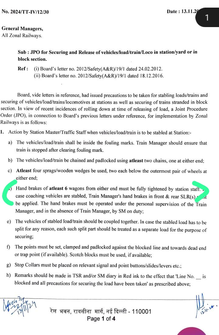 रेलवे बोर्ड के संदर्भित पत्र के आने के पश्चात 5.23 नियम में NCR प्रशासन के पूर्व में किए गए  SR में परिवर्तन एवं परिचालन परिपत्र निष्क्रिय हो चुके है , कृपया रेलवे बोर्ड के नए JPO के अनुसार परिचालन के कर्मचारियों को अवगत करवाएं ताकि रनिंग कर्मचारियों को असुविधा न हो । <a href="/GMNCR1/">GMNCR1</a>