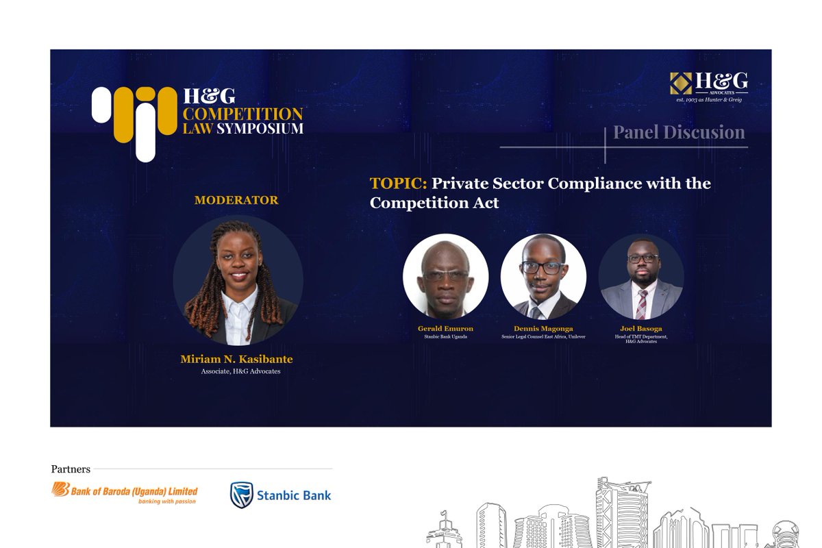 UP NEXT!
The second Panel discussion.

TOPIC: Private Sector Compliance with the Competition Act

Moderator: Miriam N. Kasibante (<a href="/0116270/">Miriam Kasibante</a>)

#CompetitionLawSymposium #HandGadvocates #Est1903