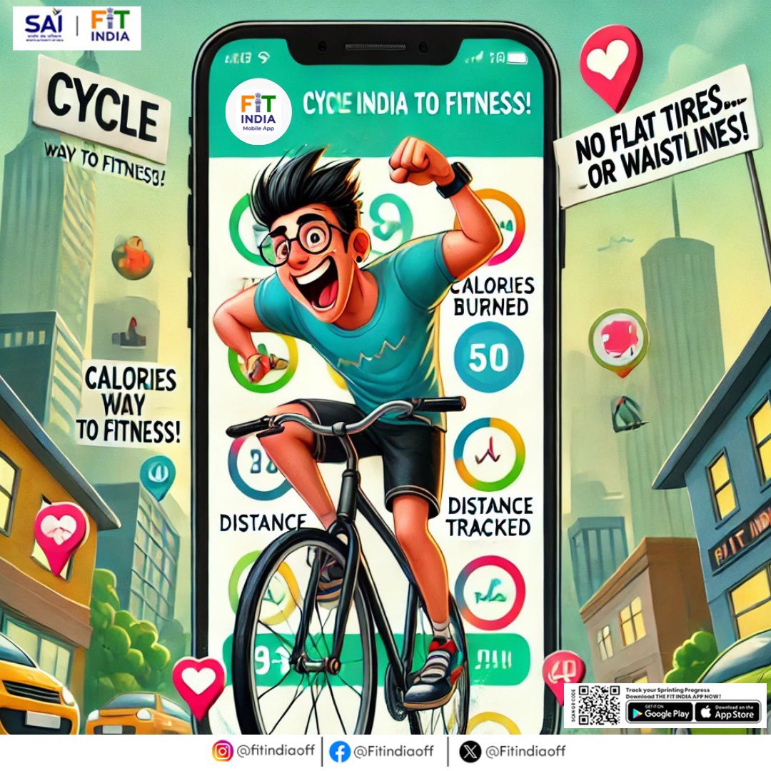 FitIndiaOff's tweet photo. Who needs a fancy car when you’ve got a bike, a bottle of water, and the Fit India App cheering you on? Cycling has it all: pedalling your way through traffic, torching calories, and saving fuel! 

 Plus, let’s be honest… the only flat tire in your life should be the one on your bike, not around your waist. 

#FitIndiaApp #CycleToFitness #PedalPower #StayFitStayHappy #CyclingGoals