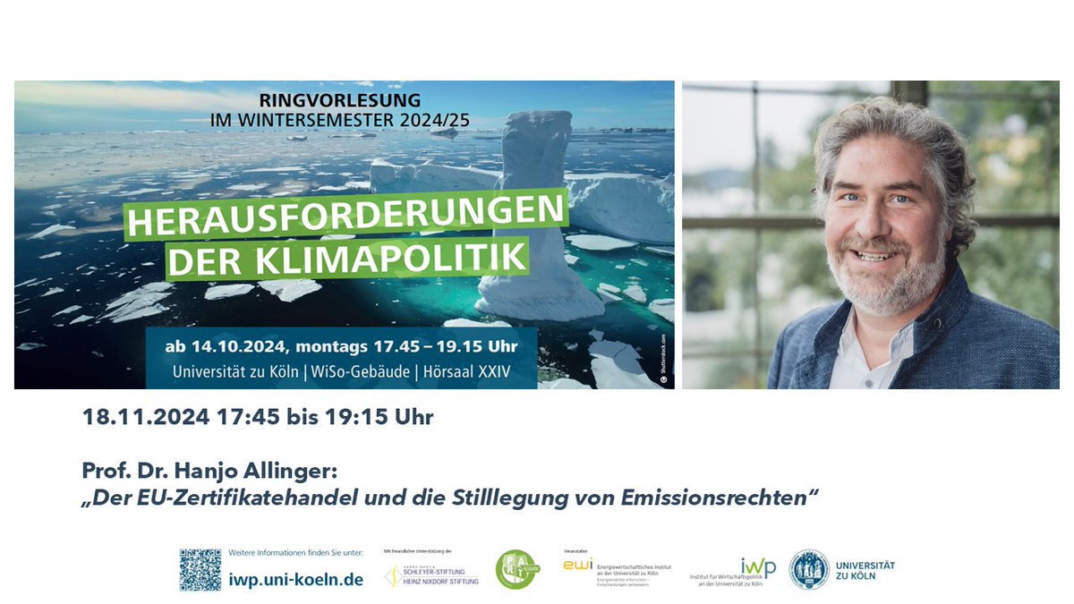 Wir freuen uns, in unserer Ringvorlesung "Herausforderungen der Klimapolitik" in Zusammenarbeit mit dem <a href="/ewi_koeln/">EWI</a> kommenden Montag Hanjo Allinger zu Gast zu haben! Das Thema seines Vortrags ist "Der EU-Zertifikatehandel und die Stilllegung von Emissionsrechten".