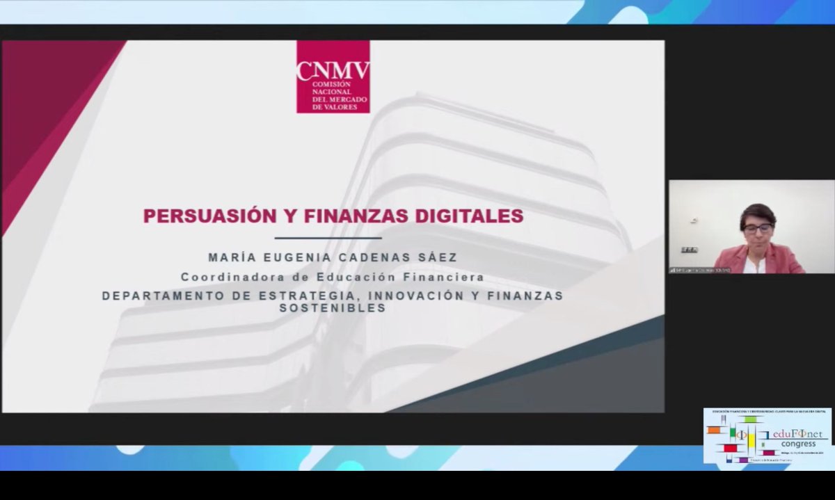 Comenzamos este tercer y último día del #VIICongreso de <a href="/edufinet/">Edufinet</a> con una interesante ponencia sobre la persuasión en las finanzas digitales impartida por la coordinadora de #EducaciónFinanciera de <a href="/CNMV_MEDIOS/">CNMV</a>. #FinancialLiteracy