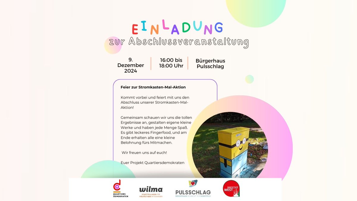 Am 9.12 feiern wir die Stromkasten-Mal-Aktion! Kommt ins Bürgerhaus Pulsschlag von 16–18 Uhr und bestaunt die Kunstwerke, die Kinder und Jugendliche zusammen mit uns &amp; einer Künstlerin geschaffen haben. Fingerfood &amp; Belohnung warten! 🎨
#Kreativität #Dorstfeld #StromkastenMalerei