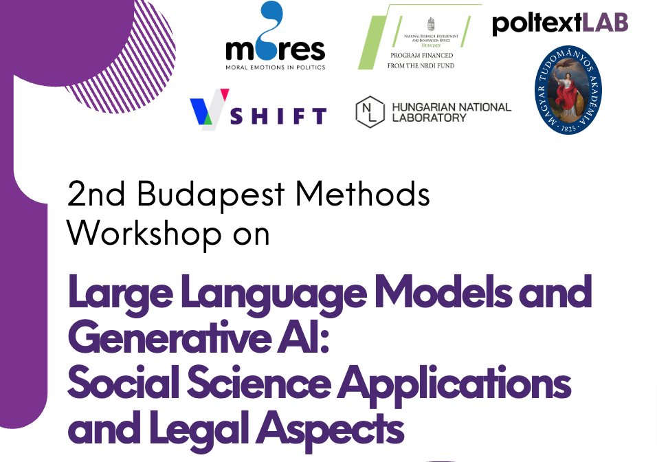 Miklos SEBOK (@miklos__sebok) on Twitter photo We are happy to announce the program of the 2nd Budapest Methods Workshop on Large Language Models and Generative AI: Social Science Applications
and Legal Aspects. With <a href="/poltextLAB/">poltextLAB</a> at <a href="/css_budapest/">HUN-REN Centre for Social Sciences, Budapest</a> we invite you to check out the program and register shorturl.at/kijKl! We are happy to announce the program of the 2nd Budapest Methods Workshop on Large Language Models and Generative AI: Social Science Applications
and Legal Aspects. With <a href="/poltextLAB/">poltextLAB</a> at <a href="/css_budapest/">HUN-REN Centre for Social Sciences, Budapest</a> we invite you to check out the program and register shorturl.at/kijKl!