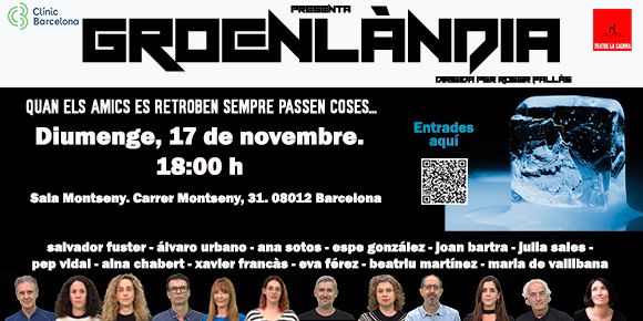 El Grup de Teatre de <a href="/hospitalclinic/">Hospital Clínic</a> representarà "Groenlàndia" el 17/11, en una funció benèfica de <a href="/la_marato/">La Marató de 3Cat</a> dirigida als pacients de malalties pneumològiques. Sala Montseny (C/Montseny, 31. 08012 Barcelona) Dirigida per <a href="/rogerpallas/">roger pallas</a>. dona.clinicbarcelona.org/Groenlandia
#LaMarató3Cat