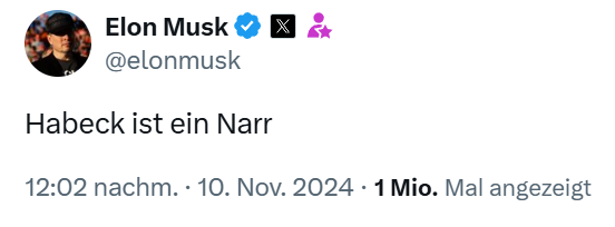 Nikolaus Kowall (@nikowall_) on Twitter photo Dass <a href="/roberthabeck/">Robert Habeck</a> von Musk offiziell zum Gegner erklärt wurde, haben alle Befehlsempfänger auf Twitter umgehend verstanden. Die realen und fiktiven Hass-Accounts sind voller Anti-Habeck-Propaganda. Also folgt alle Robert Habeck. Dass <a href="/roberthabeck/">Robert Habeck</a> von Musk offiziell zum Gegner erklärt wurde, haben alle Befehlsempfänger auf Twitter umgehend verstanden. Die realen und fiktiven Hass-Accounts sind voller Anti-Habeck-Propaganda. Also folgt alle Robert Habeck.
