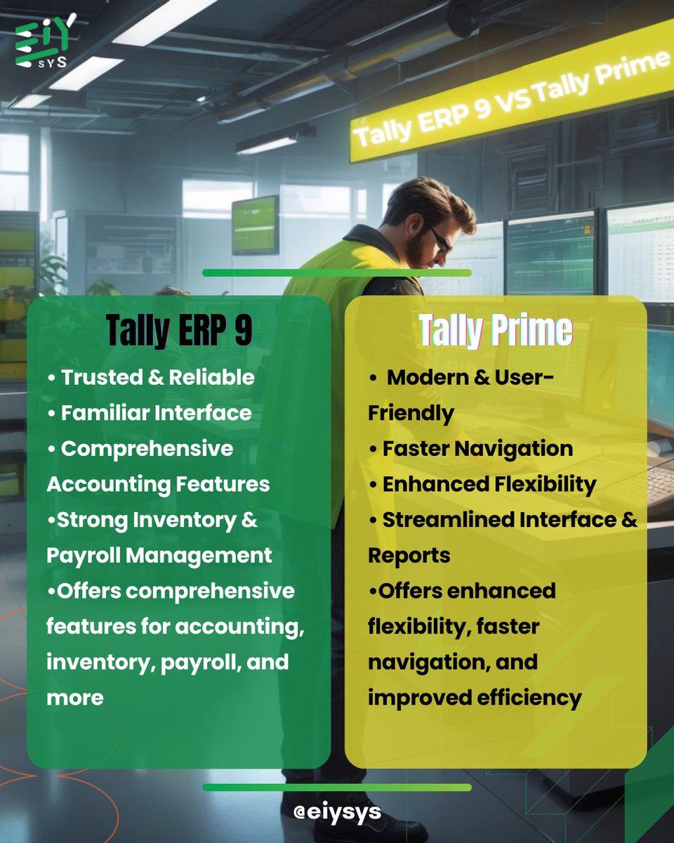 eiysys's tweet image. Choosing the right #accounting software is crucial for #business efficiency. #TallyERP9 is reliable, while #TallyPrime offers a modern, user-friendly interface. At #Eiysys, we provide expert services to help you make the best choice.