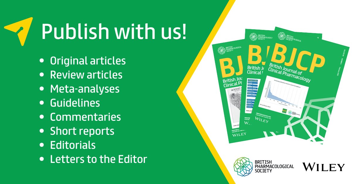 Submit your papers to BJCP today!

⬆️ World leading #ClinicalPharmacology journal
🌍 International readership
🥇 Gold-standard peer reviewing
⏱️ Fast publication
👐 Option to publish #OpenAccess

Find out more: ow.ly/nq6R50Q2734
Call for papers: ow.ly/UXqt50Q2731