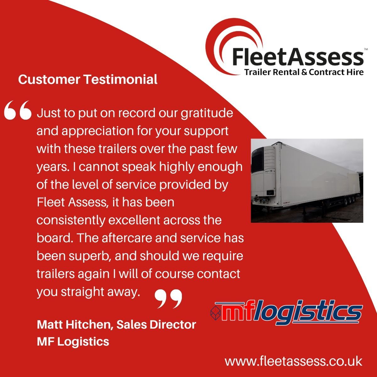 FleetAssess's tweet photo. We wanted to share with you what some of our customers had to say about our service.

This is a testimonial from @MFLogistics. You can find out more about them here: https://t.co/YIvofC0ceC 

If you want to receive the Fleet Assess difference, contact us today:
📞 01706 627376 https://t.co/keCzI7Wqhr