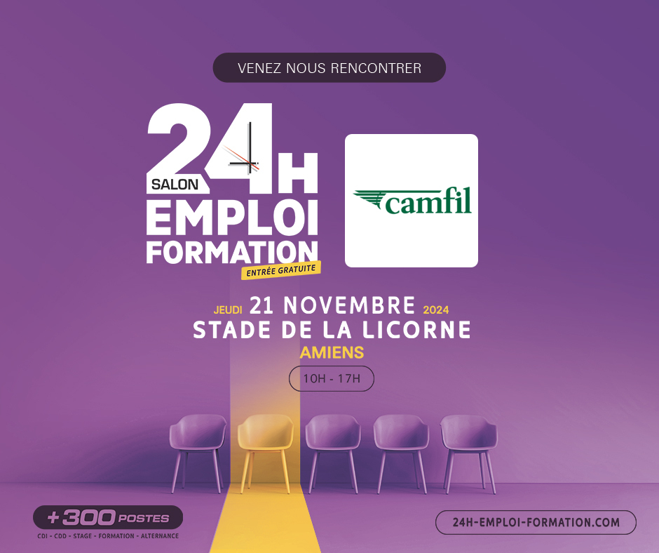 Rejoignez-nous le 21 novembre au Salon 24H Emploi Formation à Amiens ! 🌟 L’équipe Camfil vous attend au Stade de la Licorne pour échanger sur nos opportunités. #SalonEmploi #Camfil #Recrutement #Amiens