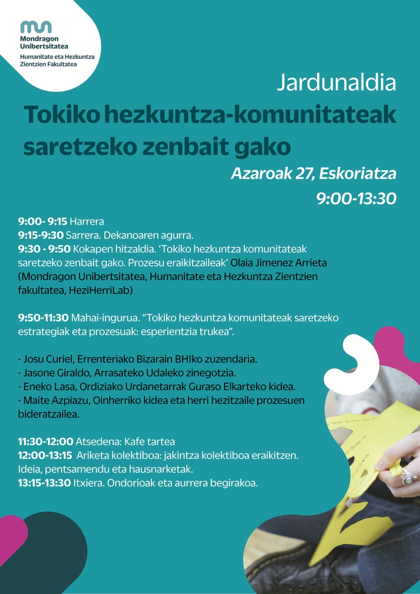 👉🏼 Tokiko hezkuntza komunitateez hausnartuko dugu azaroaren 27an Eskoriatzako campusean.

Izena emateko: ow.ly/O9cx50U518p

#Hezkuntza #Komunitatea <a href="/MUnibertsitatea/">Mondragon Unibertsitatea</a>