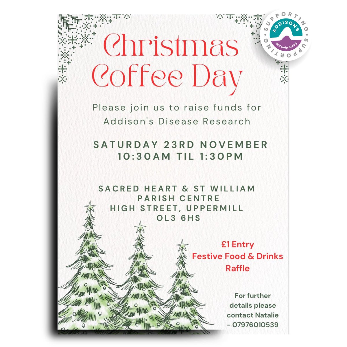 AddisonsUK's tweet photo. 'Tis the season to be jolly 🔔

Join Natalie for her Christmas Coffee Day, a warm gathering to raise awareness &amp; funds for the ADSHG!

📅 Sat 23 Nov, 10:30am - 1:30pm
📍 Sacred Heart &amp; St William Parish Centre, Oldham, OL3 6HS

Thank you Natalie for hosting this wonderful event! https://t.co/p1u58697ck