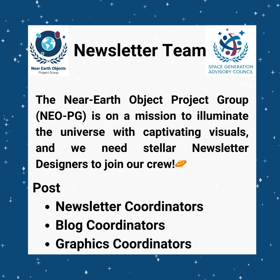 SGAC's tweet image. NEO-PG team 🛰️ is expanding and would like to invite you all to be part of the team. ☄️Have passion to protect the planet from NEO threats and want to show the world your skills...what are you waiting for.

Join our PG. 🛰️😊

Deadline✨ is 10th Dec☄️

spacegeneration.org/projects/near-…