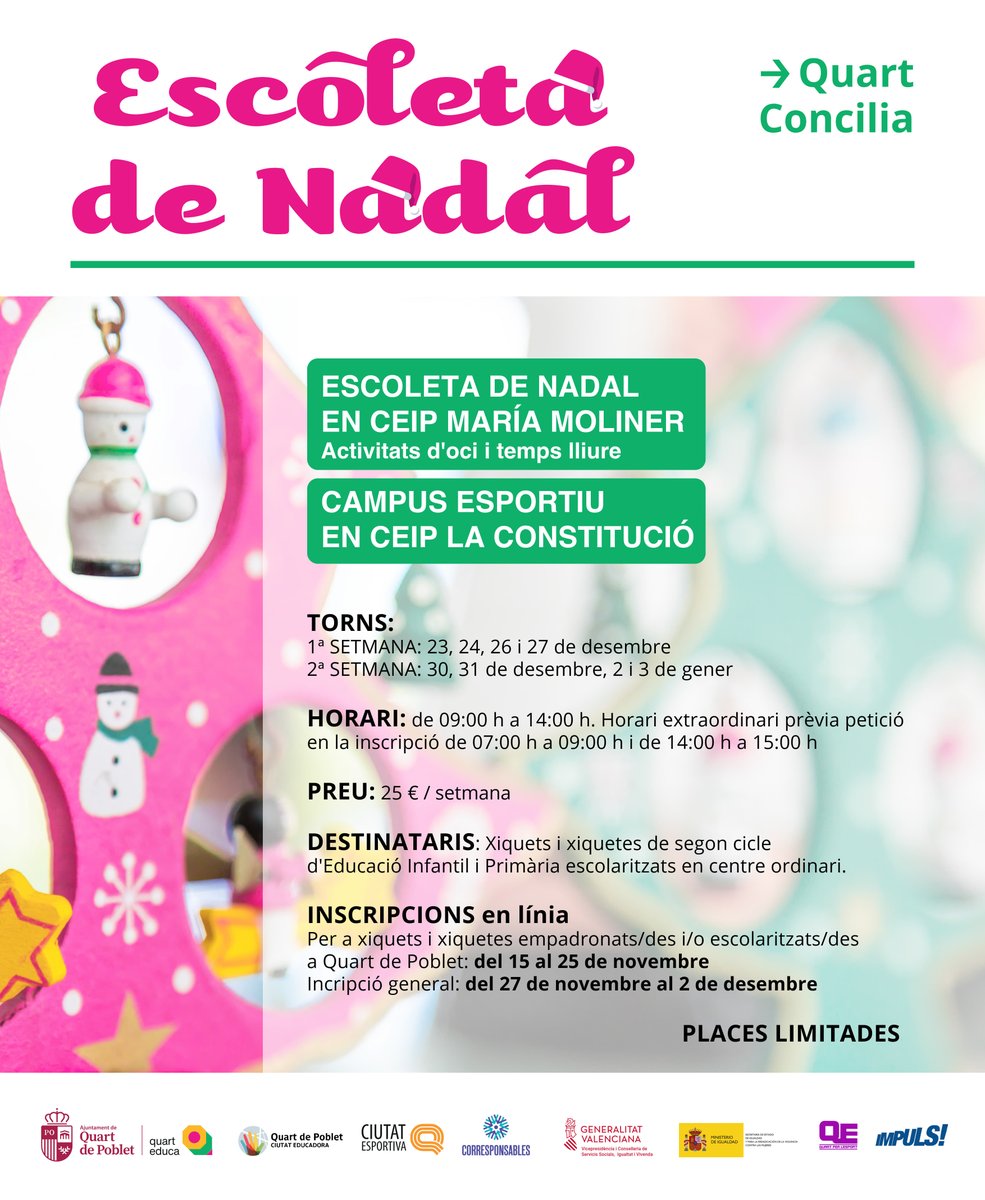 Obert el termini per a inscriure als teus fills o filles en les Escoletes de Nadal! ☃️
A partir de hui, i fins al 25 de novembre, els xiquets i xiquetes empadronats i/o escolaritzats a Quart de Poblet, podran apuntar-se a les Escoletes de Nadal. 🎄
ℹ️ quartdepoblet.es/areas/deportes…