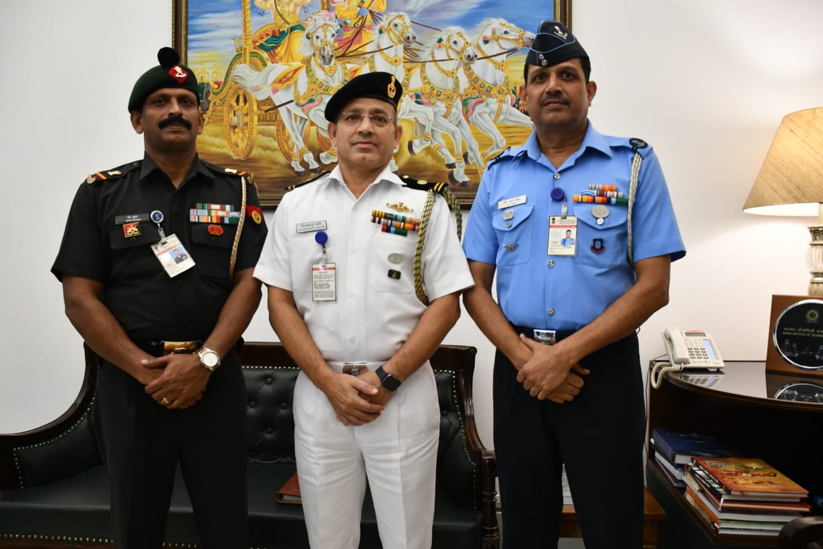 Tri Services Meeting between Army Subedar Major and Equivalent Appointment 

A landmark meeting between the Army's Subedar Major Gopa Kumar, the Air Force's Master Warrant Officer PK Yadav and the Navy's Master Chief Petty Officer 1st Class Dil Bahadur Chetri took place today,