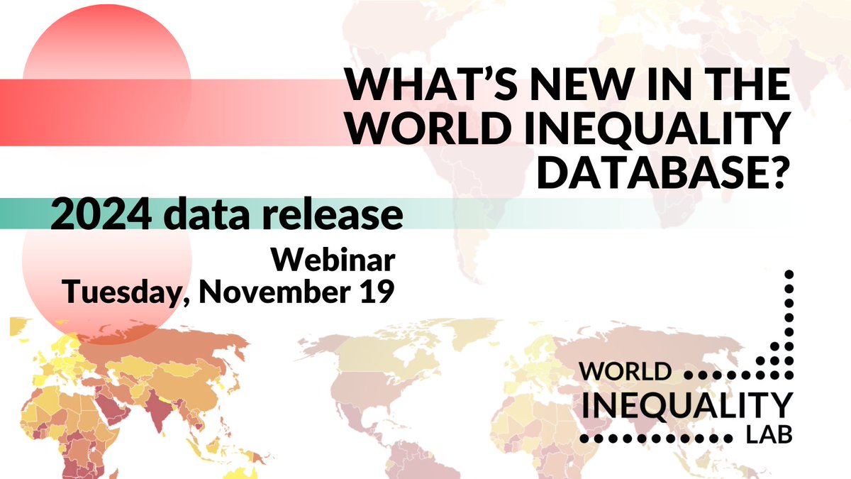 WIL_inequality's tweet image. 🚨2024 #inequalitydata release 🚨

Join us for a webinar next Tuesday 19 November, where our team will guide you through the World Inequality Database to explore the latest data together.  

👉1/2 Register here: t.ly/qmpPY

👇2/2 Speakers🧵