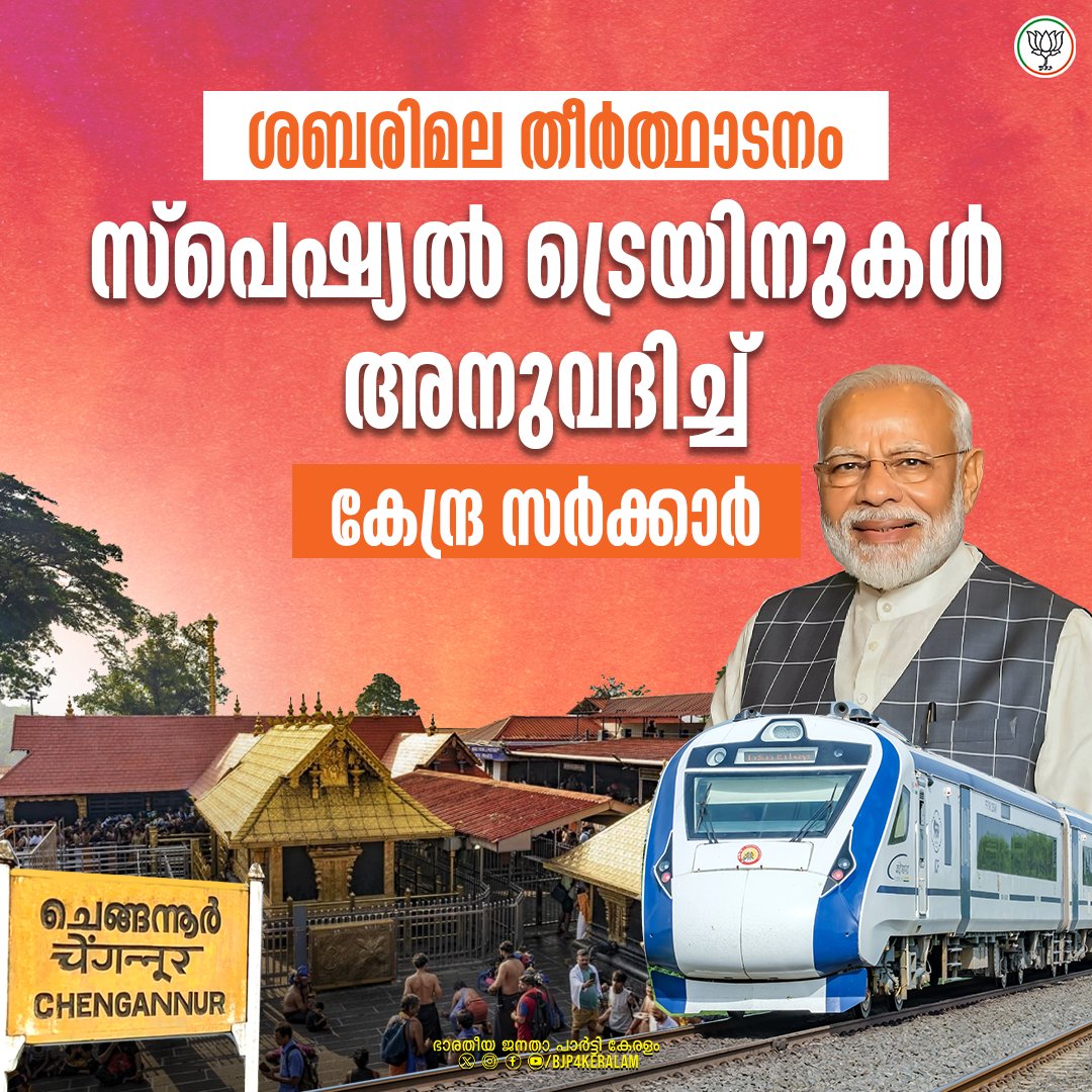 BJMM4Kerala's tweet photo. ശബരിമല തീർത്ഥാടനകാലം പ്രമാണിച്ച് വിവിധ നഗരങ്ങളിൽ നിന്ന് കേരളത്തിലേക്ക് സ്പെഷ്യൽ ട്രെയിനുകൾ അനുവദിച്ച് മോദി സർക്കാർ. 9 സ്പെഷ്യൽ ട്രെയിനുകളും 94 സർവ്വീസുകളുമാണ് ഇതുവരെ അനുവദിച്ചത്. ശബരിമല തീർത്ഥാടനം സുഖകരമാകാൻ തീരുമാനം സഹായിക്കും. #KeralaThanksModi https://t.co/rnFGGl1JBp