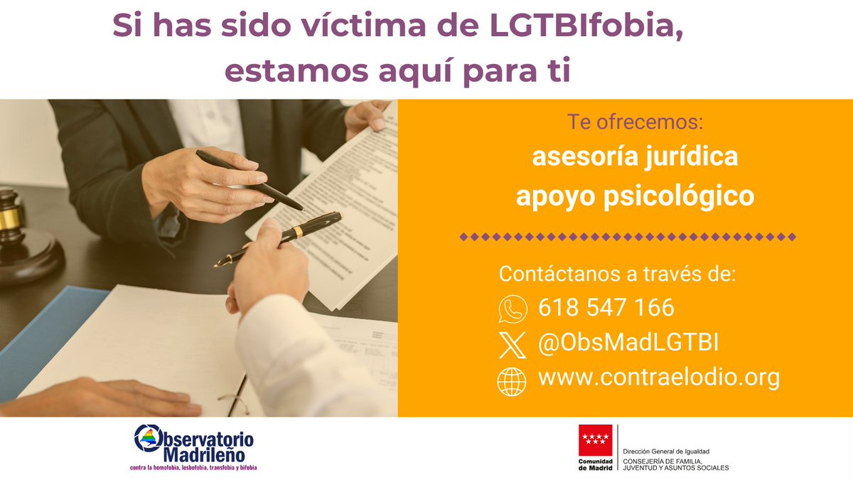 En casa, en el trabajo, haciendo deporte...todas las personas tenemos derecho a vivir en libertad. 

Ante cualquier incidente motivado por tu identidad de género o tu orientación sexual, contacta con el <a href="/ObsMadLGTBI/">ObsMadLGTBI</a>. Ponemos a tu disposición apoyo psicológico, asesoramiento