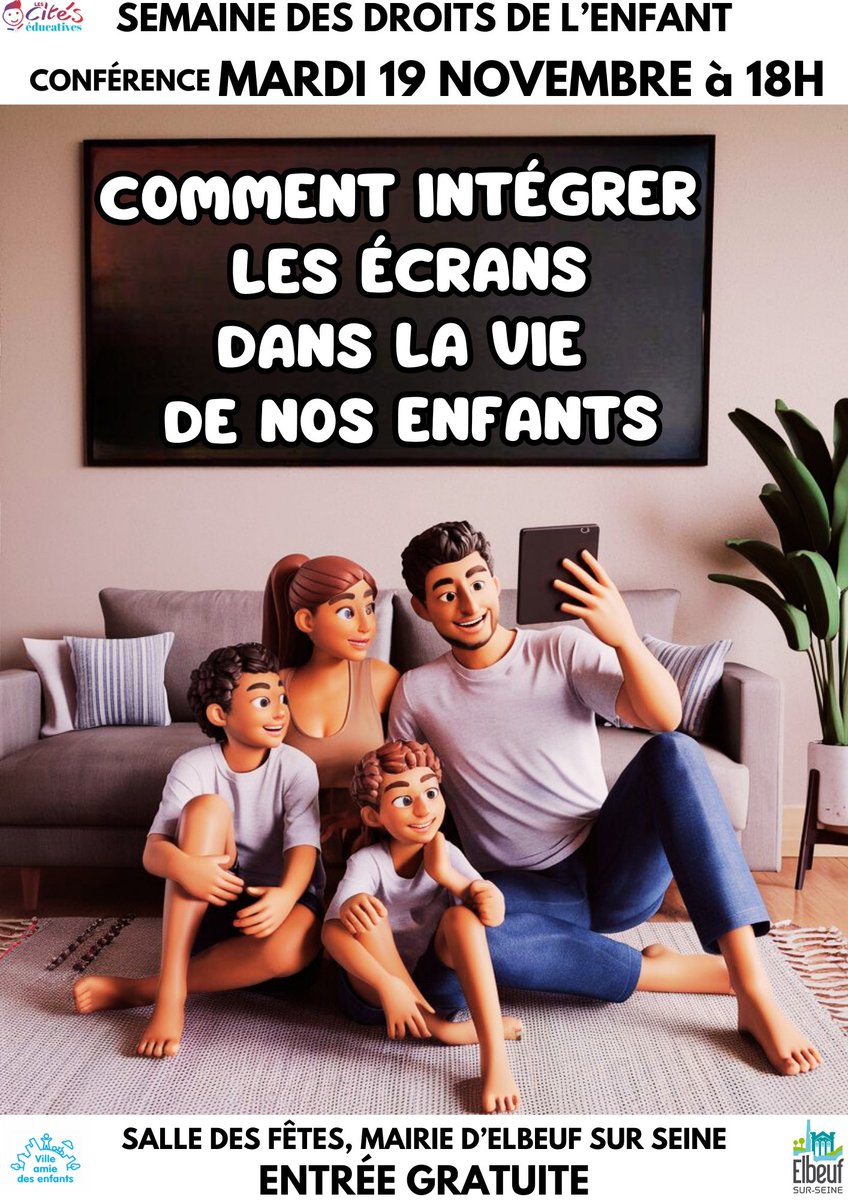 [#Conférence] À l'occasion de la semaine des droits de l'enfant, assister à une conférence et participer à des débats pour découvrir comment protéger nos enfants des dangers des écrans. 🧒📲

➡ Rendez-vous le mardi 19 novembre, de 18h à 20h, Salle des fêtes de l’Hôtel de ville.