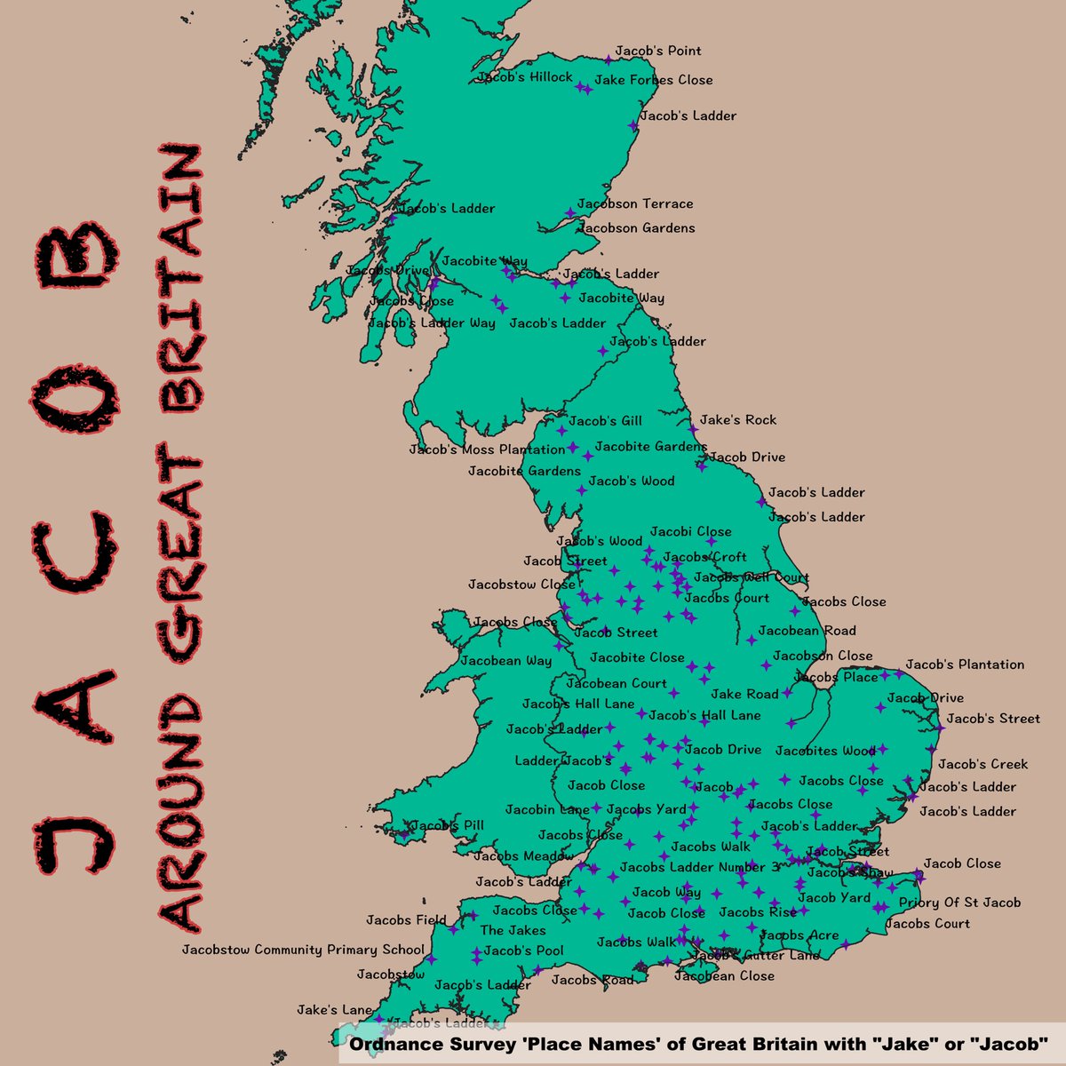 Jacob L. Macdonald (@jacobmac02) on Twitter photo 🗺️ DAY 15: MY DATA - “Map something personal”… What’s the distribution of Jacob-based places around Great Britain? Using <a href="/OrdnanceSurvey/">Ordnance Survey</a> place names for today’s #30DayMapChallenge. Lots of Jacob’s ladders about. 🗺️ DAY 15: MY DATA - “Map something personal”… What’s the distribution of Jacob-based places around Great Britain? Using <a href="/OrdnanceSurvey/">Ordnance Survey</a> place names for today’s #30DayMapChallenge. Lots of Jacob’s ladders about.