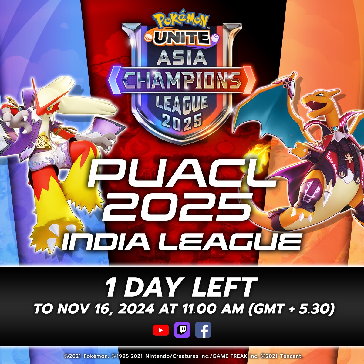 ⚡It's almost time! We are just 1 day away from Pokémon UNITE Asia Champions League 2024 - India League. 

🎥 Catch all the action LIVE from Nov 16th onwards! 

🔗 linktr.ee/PUACL2025

#PokemonUnite #Skyesports #League