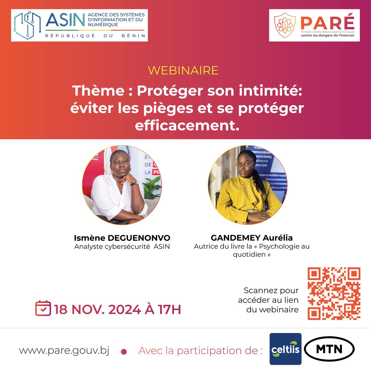« Ne manquez pas notre webinaire du 18 Novembre 2024 à 17h, organisé par l'ASIN dans le cadre de la campagne PARE. Le thème: "Protéger son intimité: éviter les pièges et se protéger efficacement". Inscrivez-vous via: zoom.us/j/94006658813?… #Parebenin #BeninNumerique