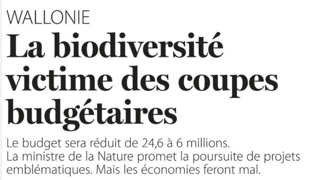 Voici la Une du Soir.

Couper dans le budget biodiversité, c’est comme couper l'eau des pompiers alors que la planète brûle. 

Une fois de plus, voilà le vrai visage de la majorité bleu pétrole! L'environnement pour <a href="/LesEngages_be/">Les Engagés.be - Mouvement participatif</a>, ce n'était vraiment que de la com'.