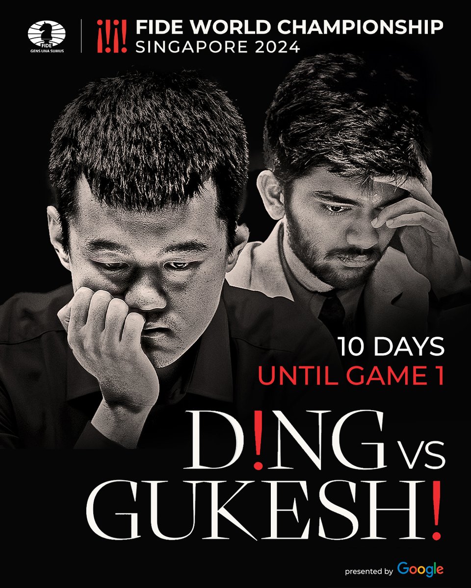 FIDE_chess's tweet photo. 🔥♟️ Only 10 DAYS left until Game 1 of the FIDE World Championship Match 2024! #DingGukesh

The reigning World Champion Ding Liren 🇨🇳 will face the young challenger Gukesh D 🇮🇳 in Singapore. For the first time in 138 years, the World Championship will see two contenders from Asia, battling for the ultimate title and a prize fund of $2.5 million.

📍 The match will be held at Resorts World Sentosa in Singapore from November 23 to December 13, 2024!

🎟️ Don't miss this historic event!
Get your tickets now 👇
🔗 https://t.co/v3C7YTBBj3