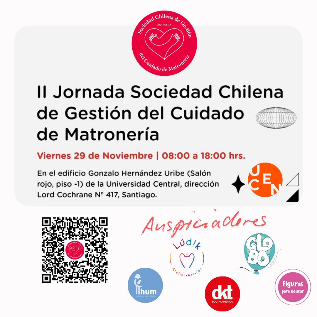 Atención Matronas, Matrones e intern@s de obstetricia!!
No te pierdas nuestra II Jornada de la Sociedad Chilena de Gestión del Cuidado de Matronería  a realizarse el 29 de noviembre !!🚨
Preinscripciones en el QR
<a href="/DMatroneria/">Dirección de Matronería de Chile</a> <a href="/ChileMatrones/">Colegio de Matronas y Matrones de Chile - Oficial</a>