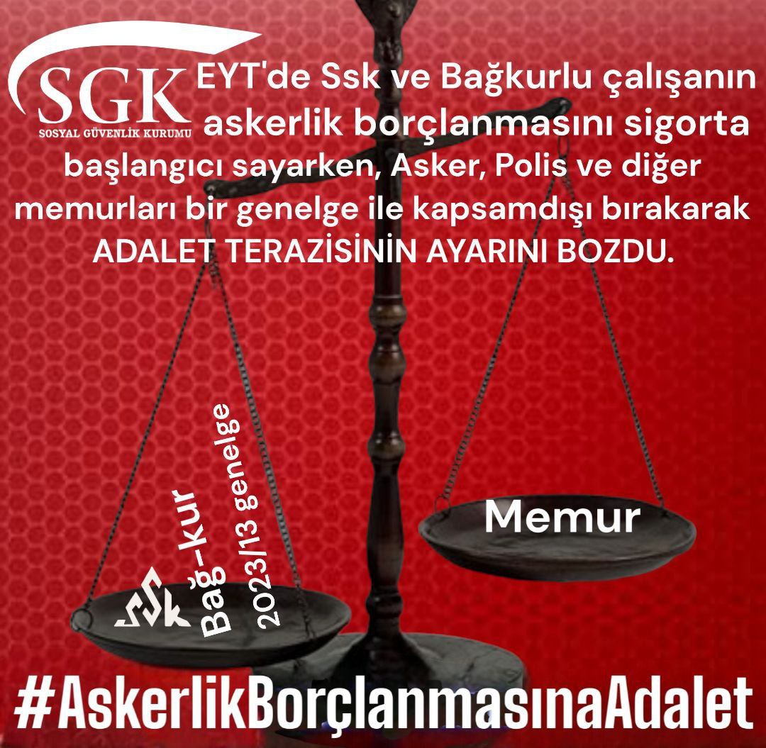 <a href="/ozgurerdursun/">Özgür Erdursun</a> Yetkililere sormak istiyorum.
Askerlik borçlanması hakkını neden SSK ve Bağ-Kur lulara verdiniz de Asker, Polis ve Memurlara vermediniz. 
Oysa ki aynı Askerliği ve aynı borçlanmayı bizde yaptık.
Bu ayrım neden ???
#AskerlikBorçlanmasınaAdalet