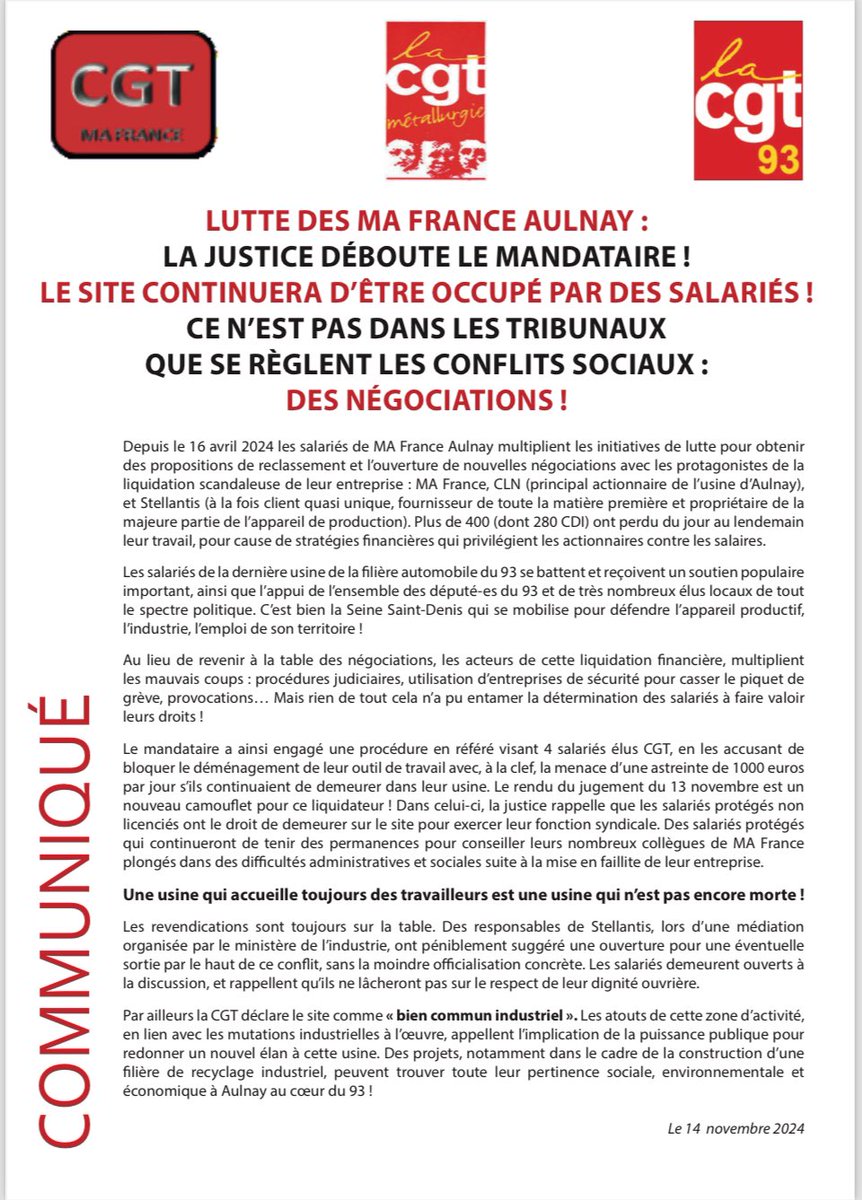 MA France lutte toujours ! La justice déboute le mandataire. Les capitalistes attendent désormais que l État envoi la police sur des grévistes. La Seine Saint Denis n’abandonnera pas son outil de production.