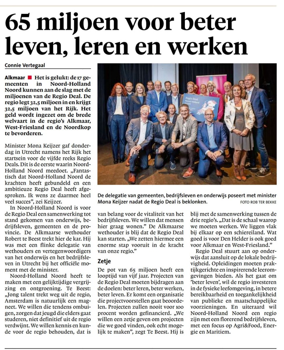 Robert te Beest (@roberttebeest) on Twitter photo We gaan de komende jaren fors investeren in Noord-Holland Noord. De #Regiodeal moet gaan bijdragen aan de brede welvaart in onze mooie regio. Werk aan de winkel!
<a href="/MonaKeijzer/">Mona Keijzer</a> We gaan de komende jaren fors investeren in Noord-Holland Noord. De #Regiodeal moet gaan bijdragen aan de brede welvaart in onze mooie regio. Werk aan de winkel!
<a href="/MonaKeijzer/">Mona Keijzer</a>