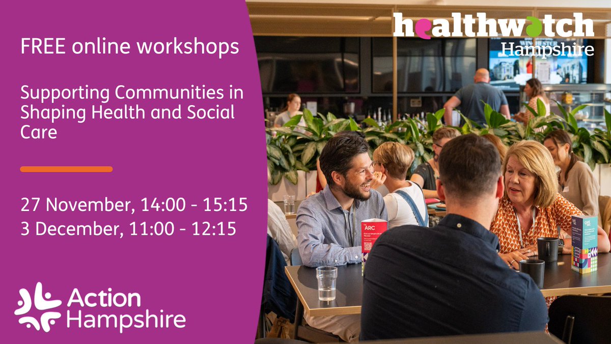 SUPPORTING COMMUNITIES IN SHAPING HEALTH AND SOCIAL CARE

We have two workshops coming up:
📆 Wednesday 27 November, 14:00 - 15:15
📆 Tuesday 3 December, 11:00 -12:15

👉 For more information and to book onto one of these FREE sessions, visit: lght.ly/a4e4a1g