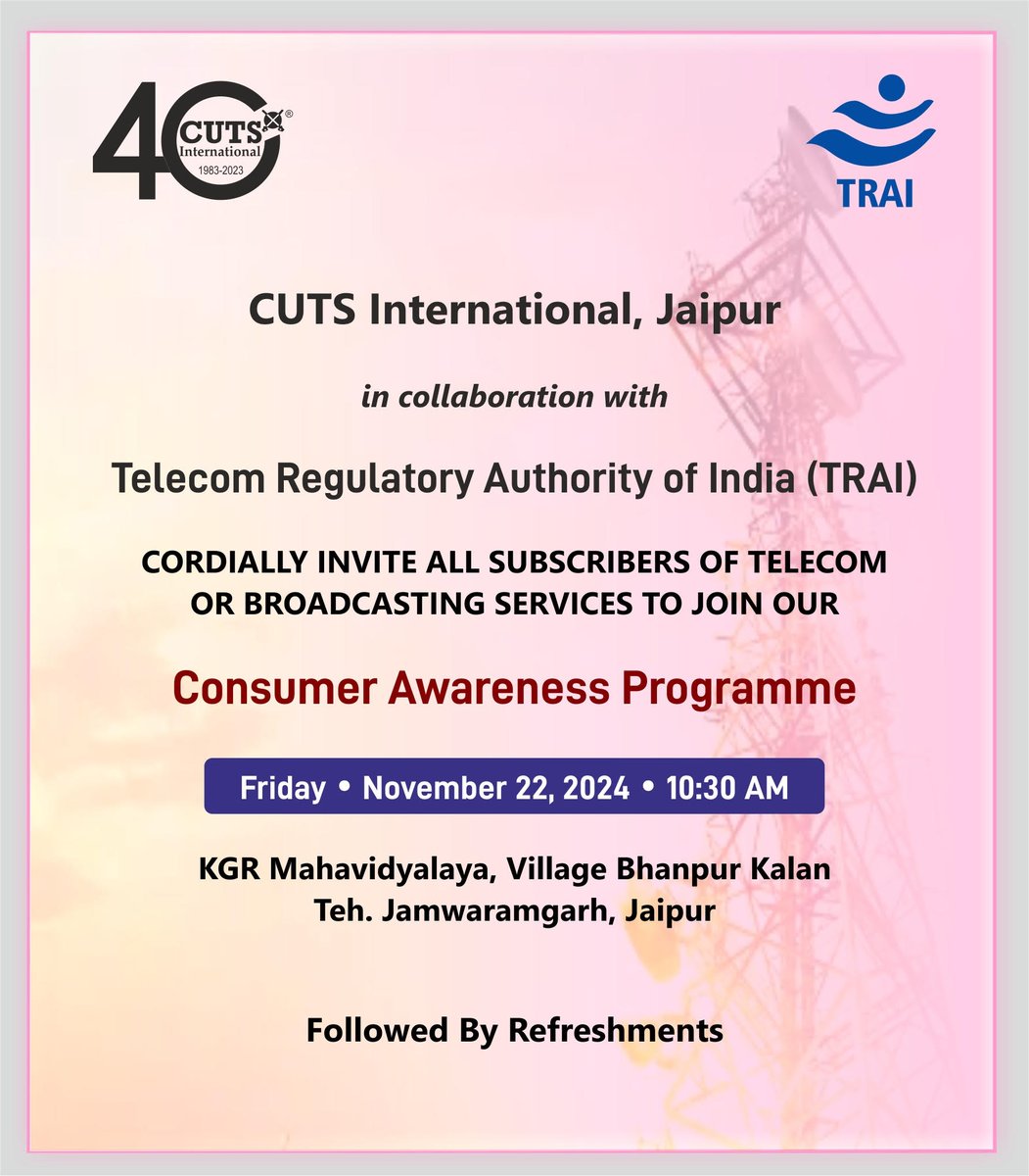 CUTS_CART's tweet image. CUTS International will hold a Consumer Awareness Programme on Nov. 22, 2024 at KGR Mahavidyalay, Bhanpur Kalan, Jamwa Ramgarh, Jaipur. Subscribers of telecom or broadcasting services are cordially invited to join hashtag

#TRAI #telecom #broadcastingnetwork #cutsinternational