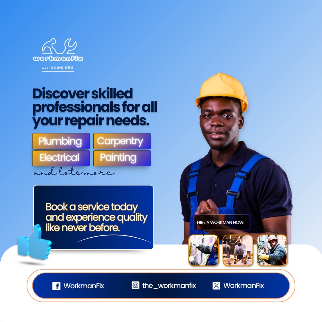 Workman_Fix's tweet photo. Quick fixes, trusted pros. Book with WorkmanFix for quality repairs!
#WorkmanFix #RepairServices #SkilledProfessionals #HomeRepairs #MaintenanceMadeEasy #TrustedServices #RepairExperts https://t.co/6eU4JpklZb
