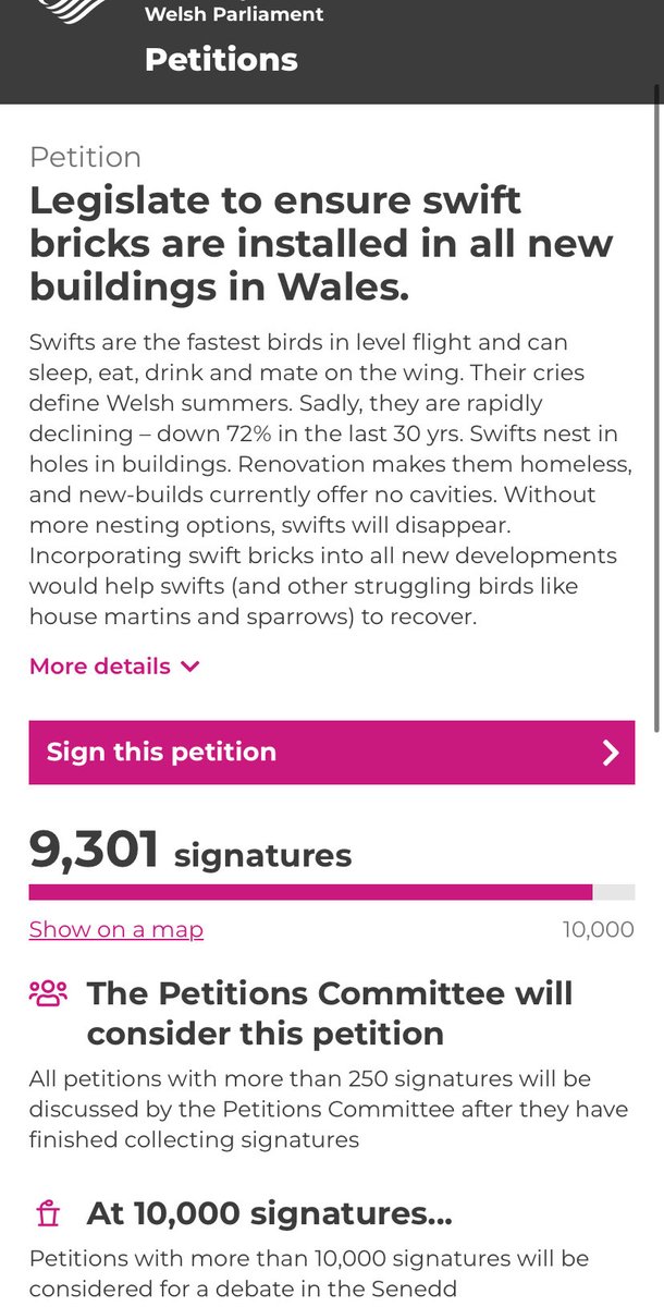 Welsh swifts need 700 people sign the petition for their homes and they need those numbers by 5th Dec. PLEASE SIGN AND SHARE petitions.senedd.wales/petitions/2462… #birdtwitter