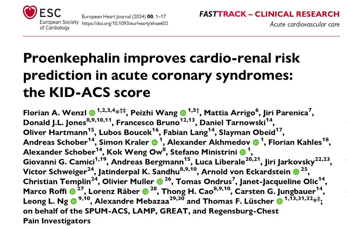 Florian Wenzl (@wenzl_florian) on Twitter photo Biomarker-enhanced #cardio-renal #risk stratification
New KID-ACS score
👉🏻 6 variables for 2 outcomes
👉🏻 outperforms GRACE and CA-AKI
👉🏻 validated in 4 countries
<a href="/peizhi9wang/">Peizhi Wang</a> <a href="/TomLuscher/">CardioTomLuscher</a> <a href="/AlexMebazaa/">Alexandre Mebazaa</a> <a href="/RaberLorenz/">Lorenz Räber, MD PhD</a> <a href="/liberale_luca/">Luca Liberale</a> <a href="/cescobruno/">Francesco Bruno</a> <a href="/ehj_ed/">EHJ Editor-in-Chief</a> Biomarker-enhanced #cardio-renal #risk stratification
New KID-ACS score
👉🏻 6 variables for 2 outcomes
👉🏻 outperforms GRACE and CA-AKI
👉🏻 validated in 4 countries
<a href="/peizhi9wang/">Peizhi Wang</a> <a href="/TomLuscher/">CardioTomLuscher</a> <a href="/AlexMebazaa/">Alexandre Mebazaa</a> <a href="/RaberLorenz/">Lorenz Räber, MD PhD</a> <a href="/liberale_luca/">Luca Liberale</a> <a href="/cescobruno/">Francesco Bruno</a> <a href="/ehj_ed/">EHJ Editor-in-Chief</a>