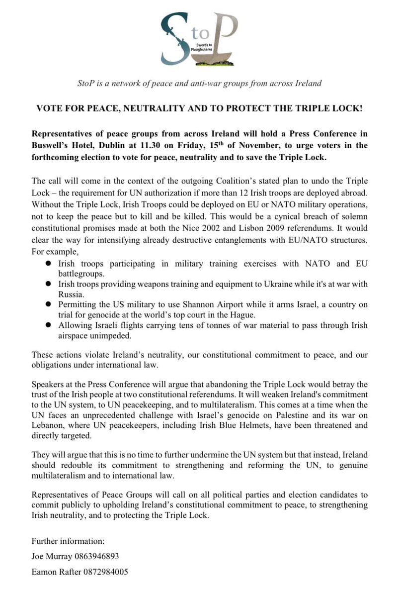 SToPIrel's tweet photo. Representatives of peace groups from across Ireland will hold a Press Conference in Buswell’s Hotel, Dublin at 11.30 today to urge voters in the
forthcoming election to vote for peace, neutrality and to save the Triple Lock.

#savethetriplelock #VoteForPeace #neutrality https://t.co/yieLCzYsxI