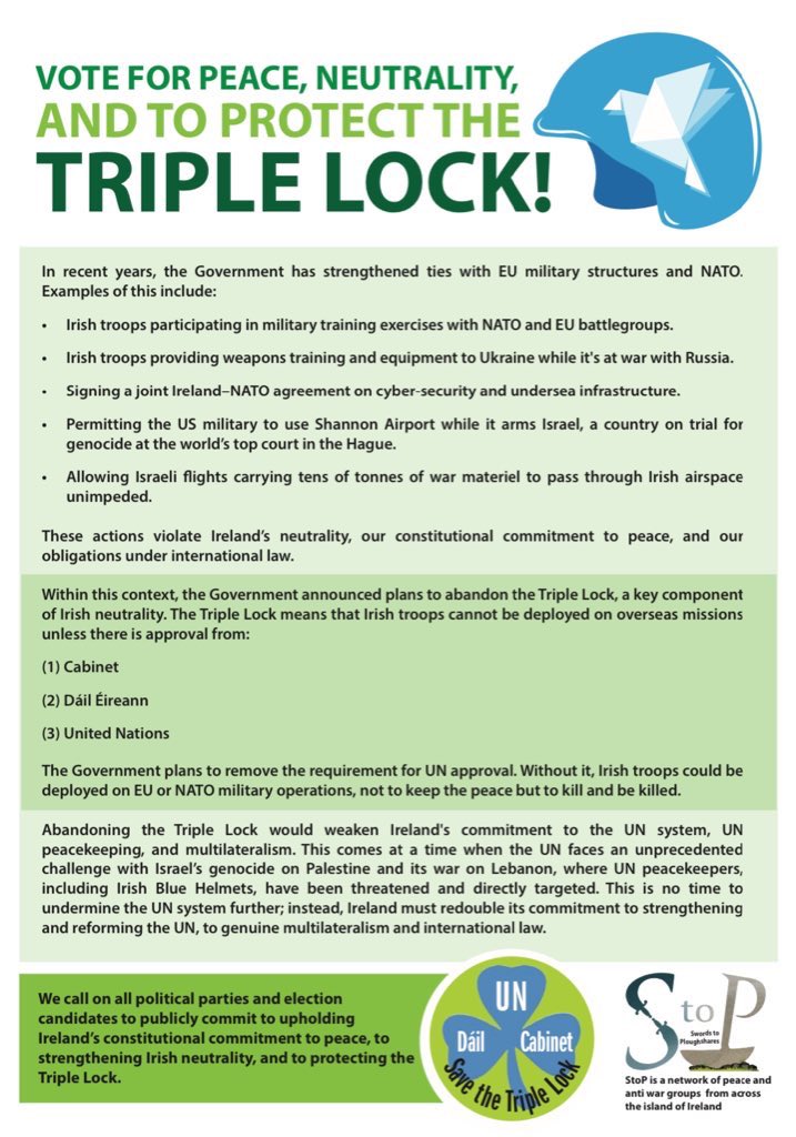 Representatives of peace groups from across Ireland will hold a Press Conference in Buswell’s Hotel, Dublin at 11.30 today to urge voters in the
forthcoming election to vote for peace, neutrality and to save the Triple Lock.

#savethetriplelock #VoteForPeace #neutrality