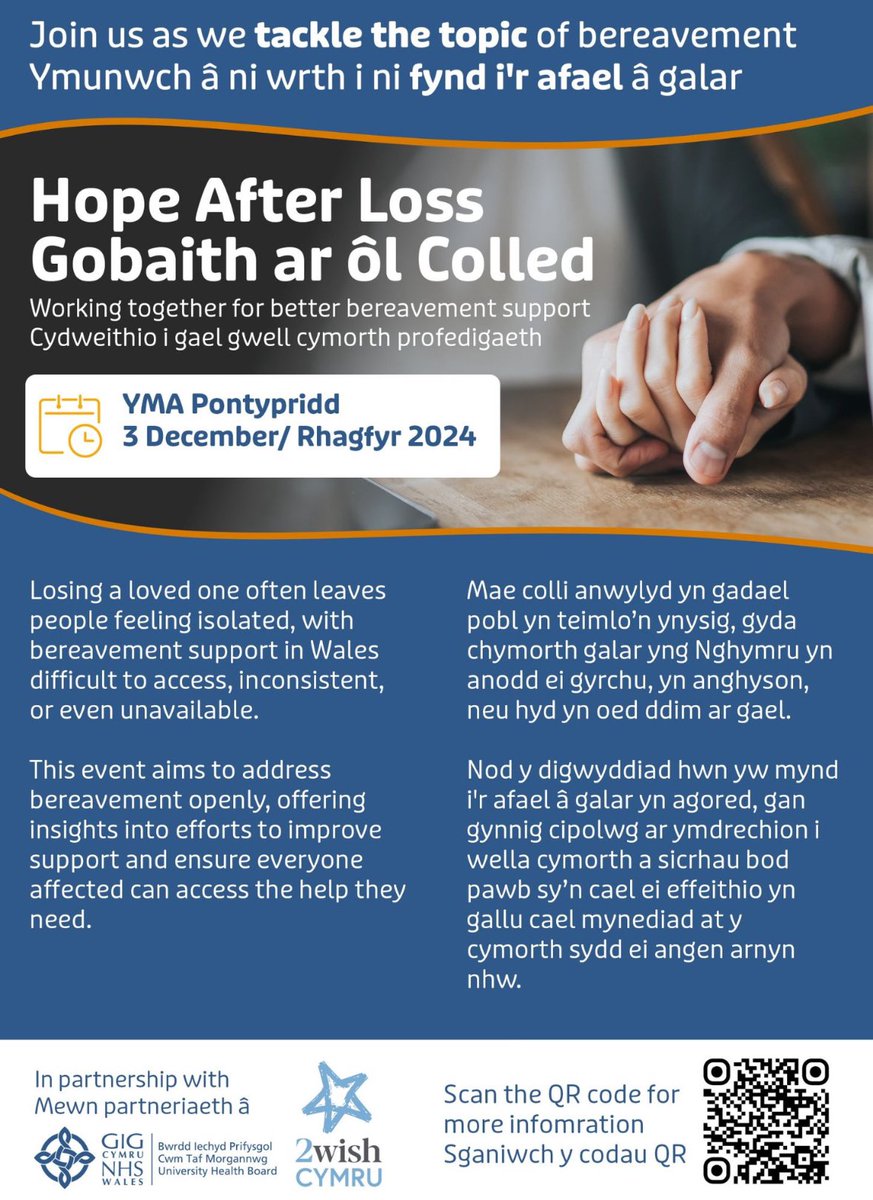 If you want to know what bereavement support is available, come see us &amp; 16 stalls of bereavement providers at our fantastic event!
Register below for a free ticket with <a href="/CwmTafMorgannwg/">Cwm Taf Morgannwg University Health Board</a> &amp; <a href="/2wishcymru/">2wish Cymru</a> Hurry as we are nearly sold out! 
<a href="/NurseGregDix/">Gregory Padmore-Dix</a> <a href="/gamgirl2000/">Becky Gammon</a> <a href="/rfhugheshon/">Richard Hughes 💙</a>