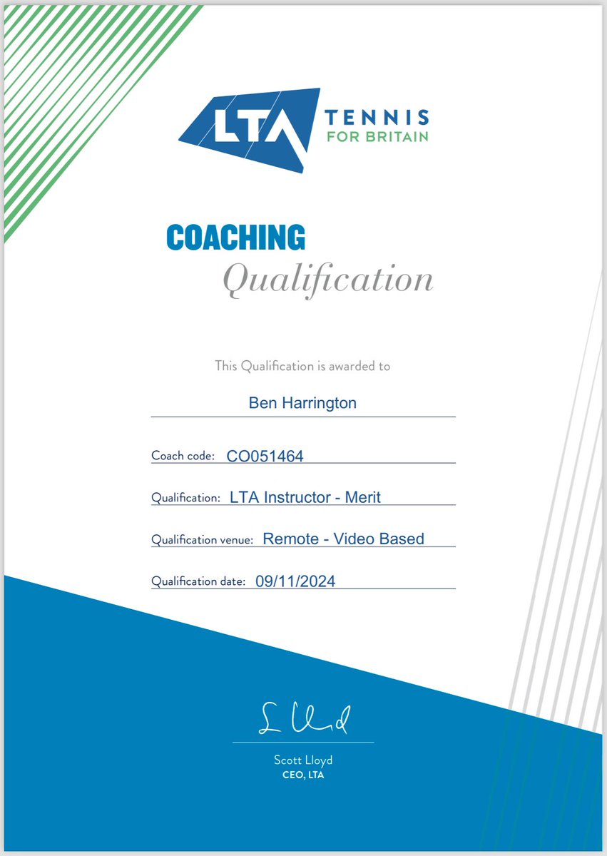 BenHarigtn's tweet photo. Pleased to announce I’ve now passed my LTA Level 2 Instructor Course 🎾 https://t.co/Dh7Ibsha1W
