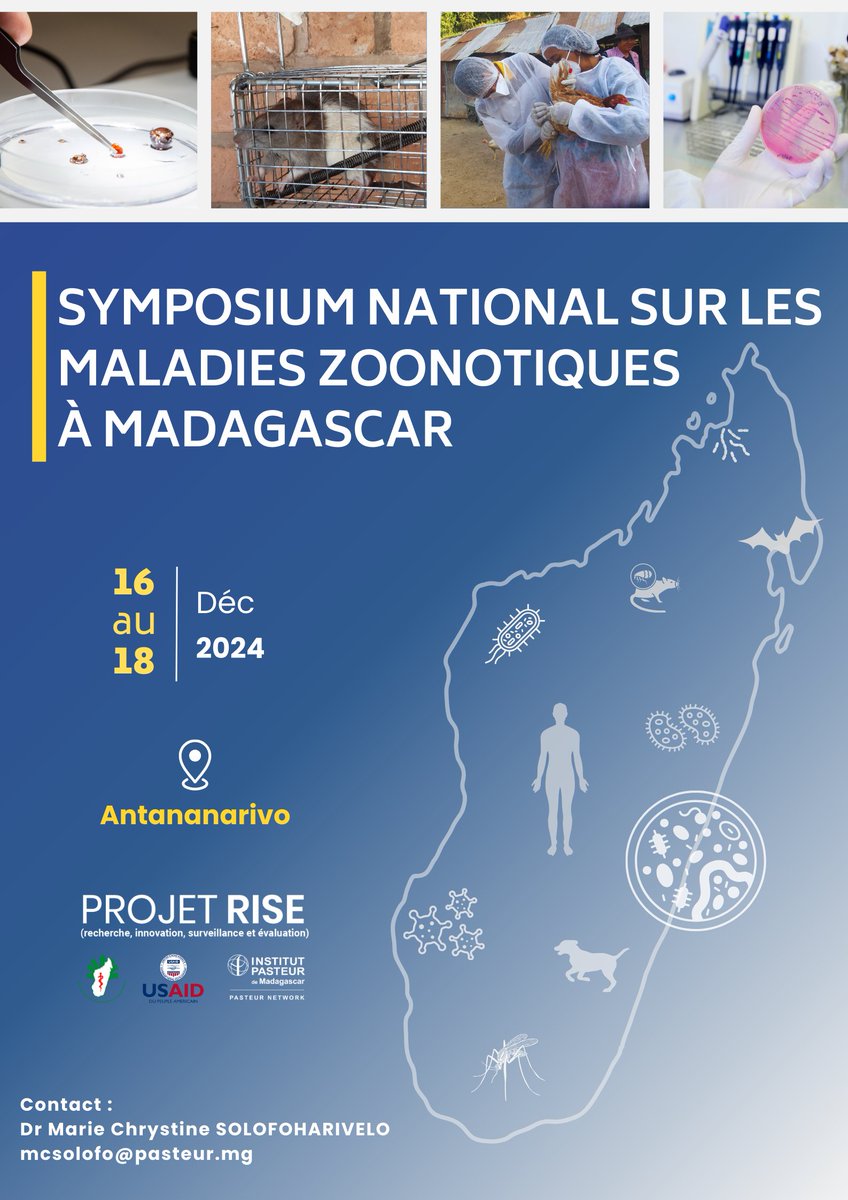 Symposium national sur les maladies zoonotiques à Madagascar !
📅 Dates : du 16 au 18 décembre 2024
 📍 Lieu : Hôtel Carlton, Antananarivo
 🎟 Inscription : jusqu’au 13 décembre 2024 en cliquant sur ce lien👉tickettailor.com/events/institu…
