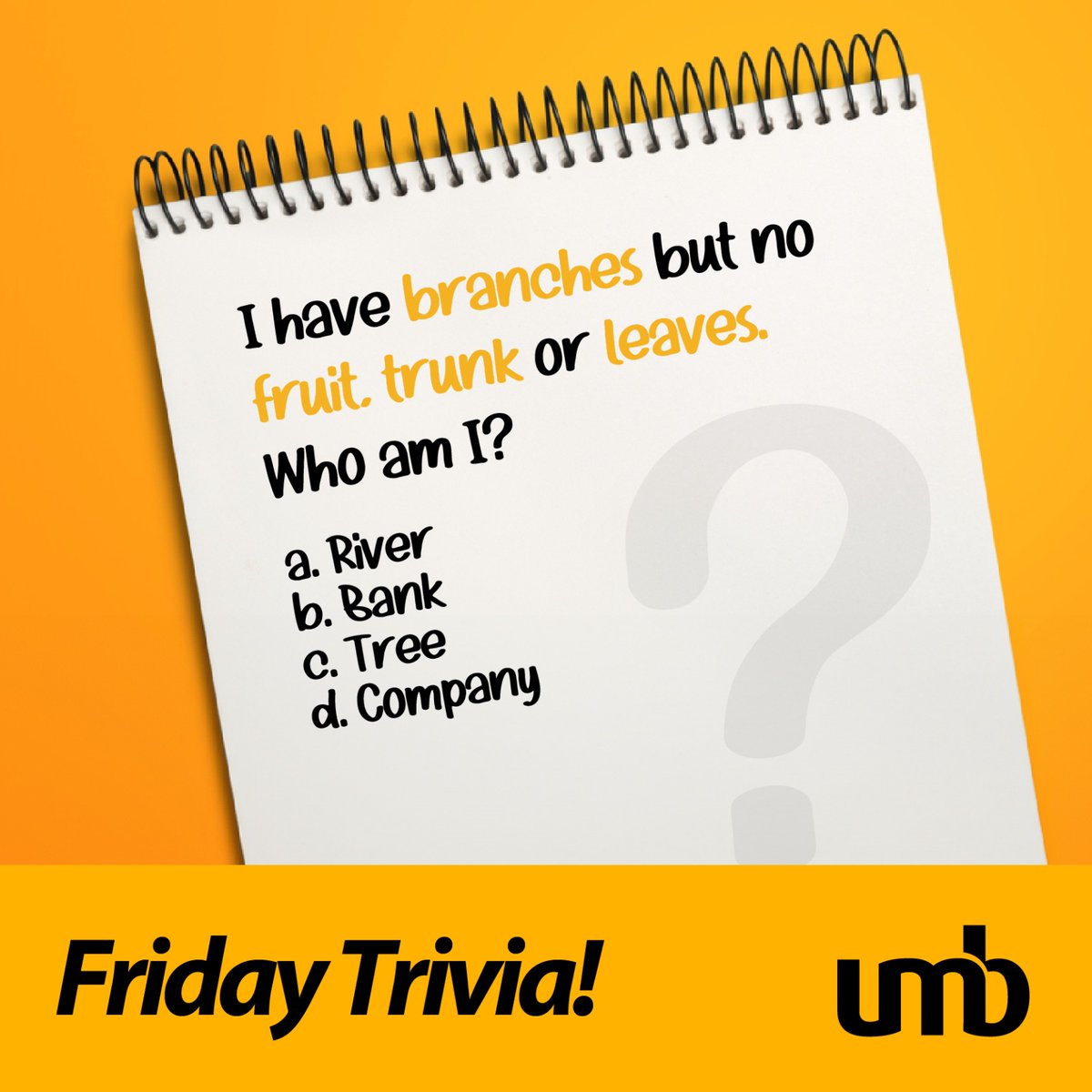 myumbbank's tweet image. Can you crack this riddle? 

Drop the right answer in the comment section below 👇.

#TriviaChallenge #RiddleTime #JoinTheFun #UMBAdvantage