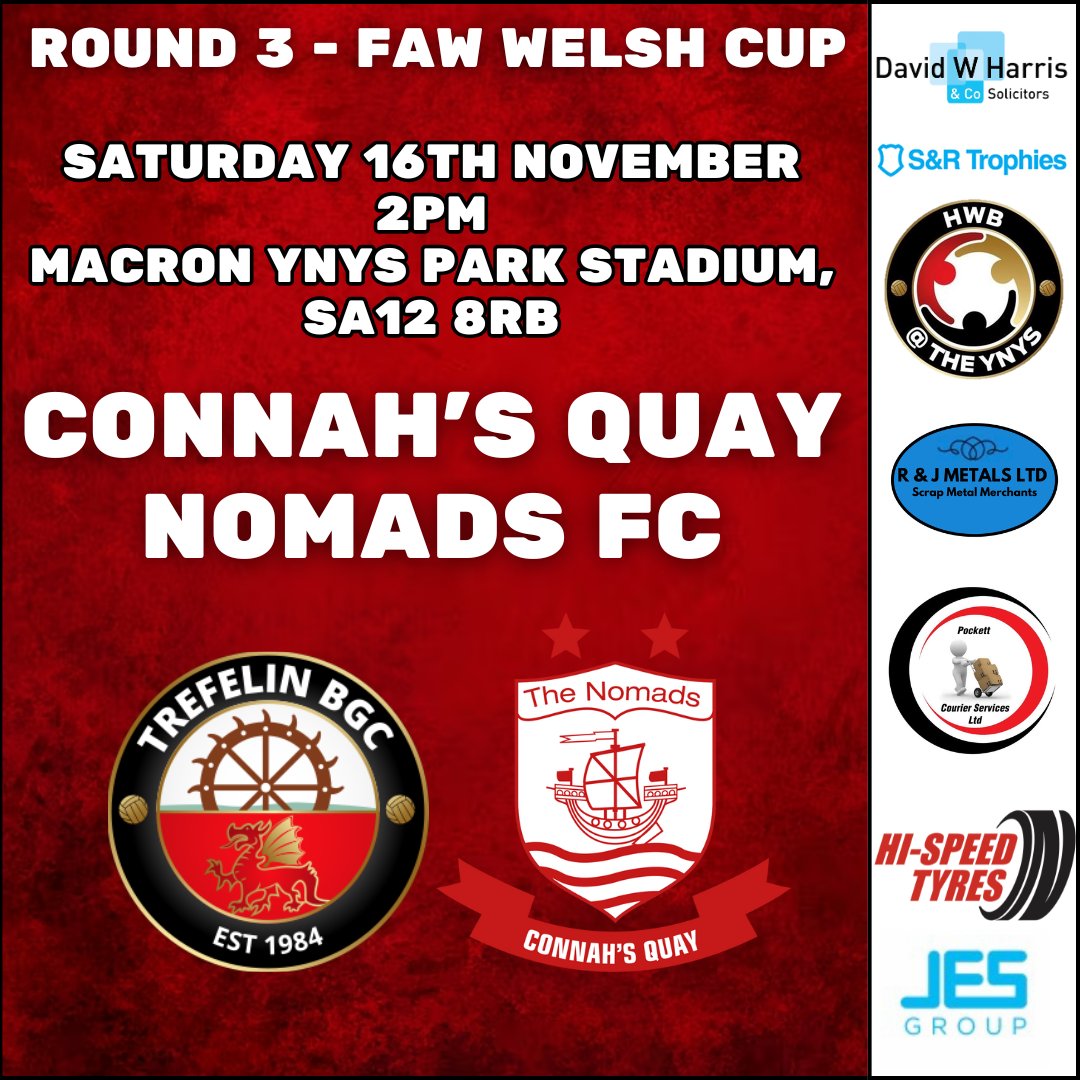Cup weekend ⚽🏆

Tomorrow we welcome <a href="/the_nomads/">Connah's Quay Nomads FC</a>  to the Ynys Park Stadium for the third round of the JD FAW Welsh cup.
Kick off is at 2PM.

 <a href="/TrefelinBGCbar/">Ynys Park Sports Bar</a>  and Cabin will be open from 1PM serving food and drinks🍺🍔

#uppatref