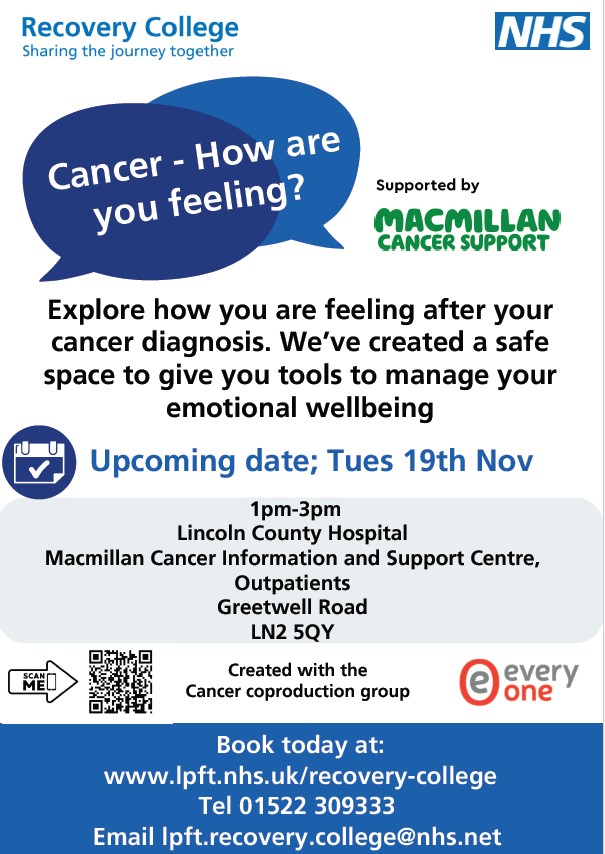 Amy@LPFT (@amylpft1) on Twitter photo #LincsRecoveryCollege
Cancer. How are you feeling?
For more details and to book -www.lpft.nhs.uk/our-services/adults/recovery-college
Email - lpft.recovery.college@nhs.net
Tues 19 Nov
Lincoln County Hospital
1-3pm
<a href="/Every_OneUK/">Every-One</a>
<a href="/macmillancancer/">Macmillan Cancer Support</a>
<a href="/LPFTNHS/">Lincolnshire Partnership NHS Foundation Trust</a>
#Lincsconnect #LincsRecoveryCollege
Cancer. How are you feeling?
For more details and to book -www.lpft.nhs.uk/our-services/adults/recovery-college
Email - lpft.recovery.college@nhs.net
Tues 19 Nov
Lincoln County Hospital
1-3pm
<a href="/Every_OneUK/">Every-One</a>
<a href="/macmillancancer/">Macmillan Cancer Support</a>
<a href="/LPFTNHS/">Lincolnshire Partnership NHS Foundation Trust</a>
#Lincsconnect