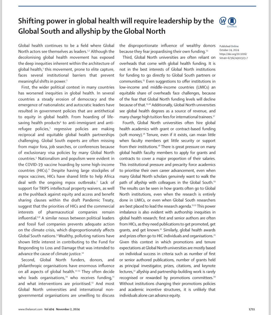 Powerful editorial about global health in the <a href="/TheLancet/">The Lancet</a> - “Time for the Global North to stop acting like they have all the answers. We need to listen and empower the Global South”
🌏✊🏼
#DecolonizeGlobalHealth #Equity